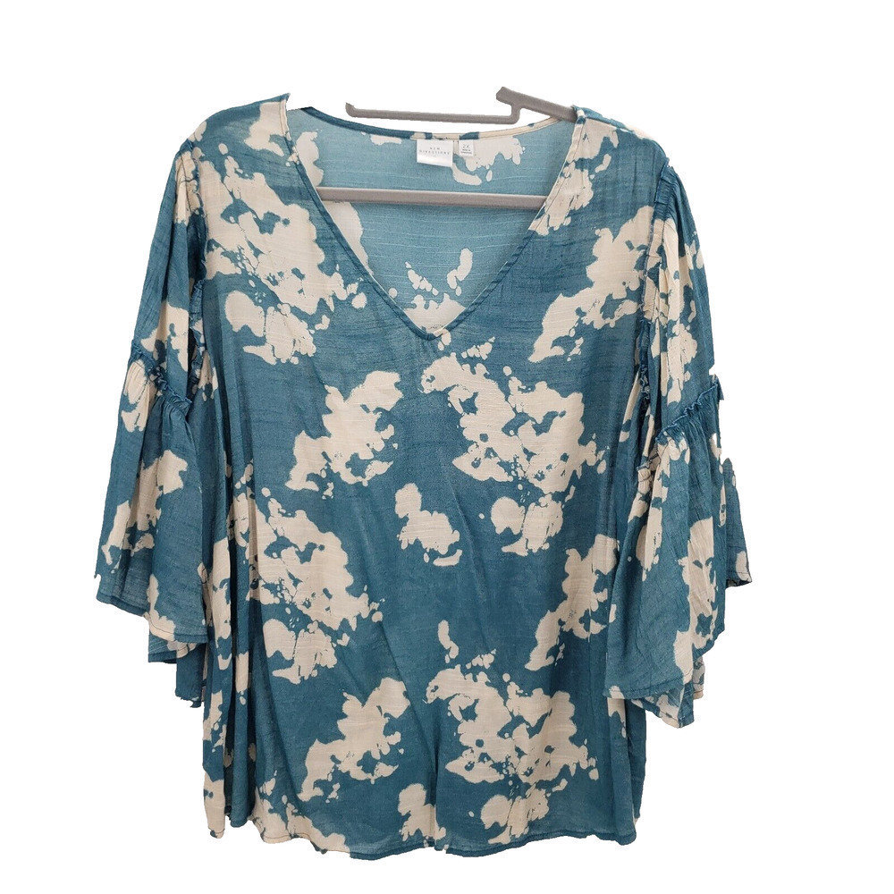 New Directions Floral Print Flared Sleeve Blouse Womens 2x Teal Cream Scoop Neck